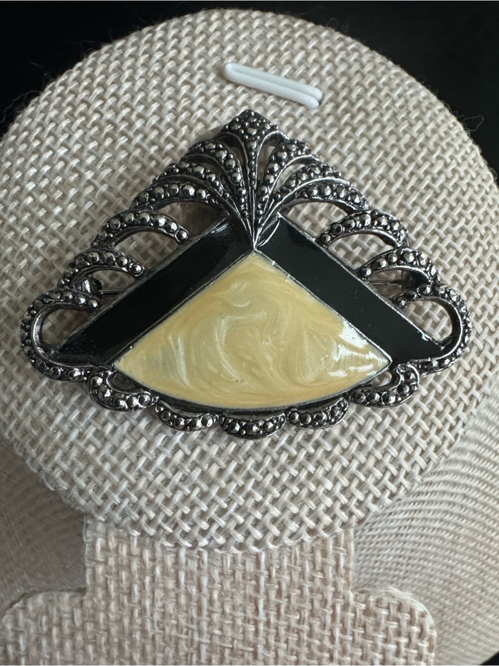 VTG Avon Art Deco Silvertone Brooch with Faux Marcasite Cream Enamel 1989